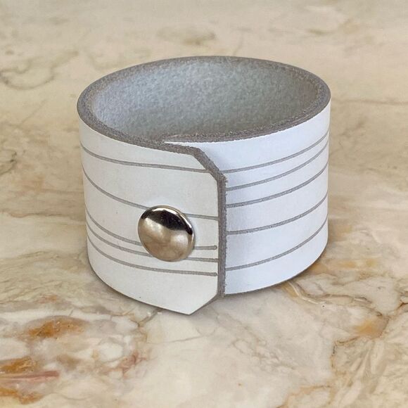 Handcrafted Wide Leather Cuff Bracelet White & Grey - Picture 1 of 7